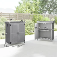 Outsunny Outdoor Storage Cabinet, Garden Tool Shed with Metal Tabletop and Shelf, Wooden Potting Bench with 2 Doors, Gray(m-3)