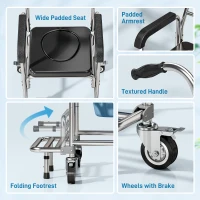 HOMCOM 3-in-1 Shower Commode Wheelchair, Transport Beside Commode Chair with Padded Seat for the Elderly, Disabled(m-6)