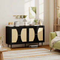 HOMCOM 55" Sideboard Buffet Cabinet, Boho Storage Cabinet with Adjustable Shelves, Soft Close Doors and Rattan Front, Black(m-8)