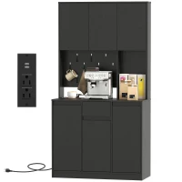 HOMCOM 71" Pantry Cabinet with Charging Station, Kitchen Storage Cabinet with Microwave Stand, Pegboard, 6 S-hooks, Black(m-2)