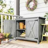 Outsunny Wooden Outdoor Storage Cabinet, Garden Shed Potting Shed with Shelf and Double Doors, Light Gray(m-8)