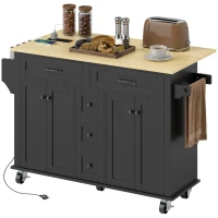 HOMCOM Kitchen Island Cart with Power Outlet & Drop Leaf, 55" Rolling Kitchen Island on Wheels with Storage, Black(m-2)
