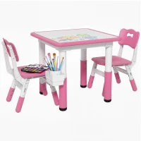 Qaba 3 Pieces Toddler Table and Chair Set, Height Adjustable Kids Table and Chair Set w/ Storage, for Playroom Pink(m-11)