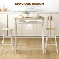 HOMCOM 3 Piece Counter Height Bar Table Set with 1 Table, 2 Matching Stools, Dining Table Set with Storage Shelf and Metal Frame Footrest, White and Oak(m-5)
