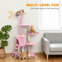 PawHut 53" Cat Tree Tower, Kitten Activity Centre with Scratching Posts, Condo, Perches, Ladder, Hammock, Dangling Toys, Pink(m-4)
