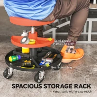 HOMCOM Rolling Garage Stool, 300 LBS Capacity Mechanic Stool with 2.5" Wheels, Tool Trays Storage, Adjustable Height, Orange(m-9)