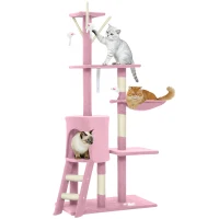 PawHut 53" Cat Tree Tower, Kitten Activity Centre with Scratching Posts, Condo, Perches, Ladder, Hammock, Dangling Toys, Pink(m-11)