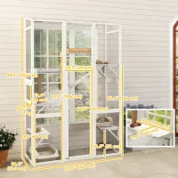 PawHut Wooden Catio Outdoor Cat Enclosure with 6 Jumping Platforms, Scratching Post, 2 Ramps, Waterproof Roof, White(m-3)