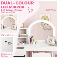 Qaba Kids Vanity Set, Toddler Dressing Table and Chair Set  with Lighted Mirror, Cabinet, Drawer and Shelves, White(m-5)