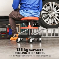 HOMCOM Rolling Garage Stool, 300 LBS Capacity Mechanic Stool with 2.5" Wheels, Tool Trays Storage, Adjustable Height, Orange(m-4)