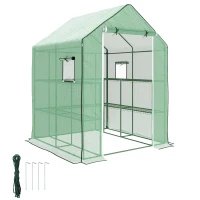 Outsunny 4.6' x 4.7' Portable Greenhouse, Water/UV Resistant Walk-In Small Outdoor Green House with 2 Tier U-Shaped Flower Rack Shelves, Roll Up Door & Windows, Green(m-11)