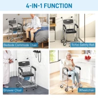 HOMCOM 3-in-1 Shower Commode Wheelchair, Transport Beside Commode Chair with Padded Seat for the Elderly, Disabled(m-4)