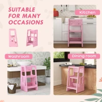 Qaba Toddler Kitchen Helper 2 Step Stool with Adjustable Height Platform and Safety Rail, Pink(m-6)