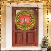 HOMCOM 36in Pre-Lit Christmas Wreath with 3D Red Bow, 11 Lighting Modes, Front Door Christmas Wreath with Remote(m-8)
