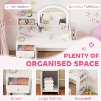 Qaba Kids Vanity Set, Toddler Dressing Table and Chair Set  with Lighted Mirror, Cabinet, Drawer and Shelves, White(m-6)
