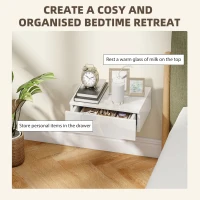 HOMCOM Set of 2 Wall Mounted Bedside Tables, High Gloss Floating Nightstands with Drawer for Bedroom, White(m-4)