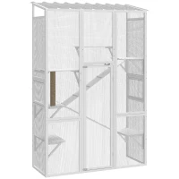 PawHut Wooden Catio Outdoor Cat Enclosure with 6 Jumping Platforms, Scratching Post, 2 Ramps, Waterproof Roof, White(m-11)