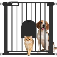 PawHut 30"-32" Extra Wide Pet Gate Barrier with Small Door, 30"H Dog Gate with Safety Gate Barrier, Stair Pressure Fit, Black(m-11)