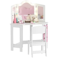 Qaba Kids Vanity Table and Chair Set with Lights, Makeup Dressing Table with Tri-Fold Mirror for Ages 3-8 Years, White(m-2)