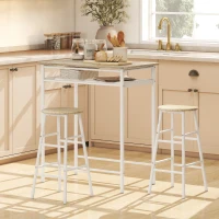 HOMCOM 3 Piece Counter Height Bar Table Set with 1 Table, 2 Matching Stools, Dining Table Set with Storage Shelf and Metal Frame Footrest, White and Oak(m-8)