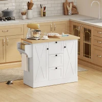 HOMCOM Farmhouse Kitchen Island Cart with Power Outlet and Soft-Close Doors, 49" Kitchen Island with 3 Drawers, White(m-8)
