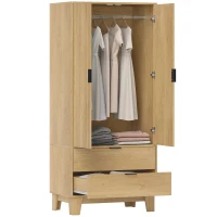 HOMCOM Modern Wardrobe Closet, Freestanding Armoire with Soft-Close Doors, 2 Drawers and Hanging Rod for Bedroom, Natural(m-11)