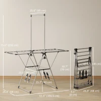 HOMCOM Clothes Drying Rack, Foldable Stainless Steel Laundry Drying Rack with Adjustable Gullwings and Shoe Holders, Silver(m-3)