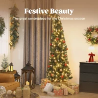 HOMCOM 7 ft Prelit Christmas Tree, Whimsical Xmas Tree Slim High Mountain Fir with 300 LEDs and Metal Stand, Green(m-4)