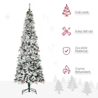 HOMCOM 7.5' Pencil Snow Flocked Artificial Christmas Tree with 600 Pine Realistic Branches, Pine Cones, Red Berries, Auto Open, Green(m-4)