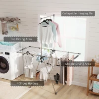HOMCOM Clothes Drying Rack, Foldable Stainless Steel Laundry Drying Rack with Adjustable Gullwings and Shoe Holders, Silver(m-4)