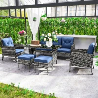 Outsunny 6 Piece Patio Furniture Set with Patio Chairs, Ottomans, Sofa, Glass Top Table and Cushions, Wicker Rattan Outdoor Furniture Set for Backyard, Porch, Navy Blue(m-8)