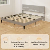 HOMCOM King Size Bed Frame with Adjustable Upholstered Headboard Platform Bed Frame Wood Slat Support Noise Free Light Grey(m-3)