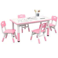 Qaba Kids Table and Chair Set with 4 Chairs, Adjustable Height, Easy to Clean, for 1.5 - 8 Years Old, Pink(m-2)