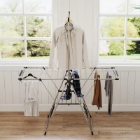 HOMCOM Clothes Drying Rack, Foldable Stainless Steel Laundry Drying Rack with Adjustable Gullwings and Shoe Holders, Silver(m-9)