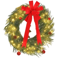 HOMCOM 36 Inch Christmas Wreath for Front Door with LED Lights, Prelit Christmas Wreath with 8 Modes and Ornaments, Green