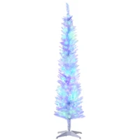 HOMCOM 6' Prelit Christmas Trees, Pencil Artificial Christmas Tree with Colorful Surface Branches, Colorful LED Lights, White(m-1)