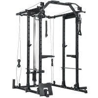 Soozier Multi-Functional Power Rack, Smith Machine Cable Crossover System with Pull Up Bar, Lat-Pull Down System, Landmine(m-2)