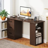 HOMCOM Computer Desk, 55" Writing Table with 3-Tier Shelves and 3 Reversible Drawers for Home Office, Bedroom, Walnut(m-10)