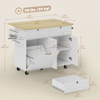 HOMCOM Kitchen Island Cart with Charging Station and Drop Leaf, Kitchen Island Table on Wheels with Trash Can Cabinet, White(m-3)