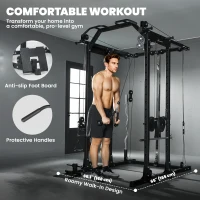 Soozier Multi-Functional Power Rack, Smith Machine Cable Crossover System with Pull Up Bar, Lat-Pull Down System, Landmine(m-7)