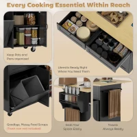 HOMCOM Kitchen Island Cart with Charging Station and Drop Leaf, Kitchen Island Table on Wheels with Trash Can Cabinet, Black(m-5)