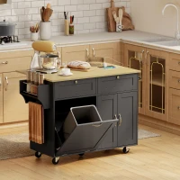 HOMCOM Kitchen Island Cart with Charging Station and Drop Leaf, Kitchen Island Table on Wheels with Trash Can Cabinet, Black(m-8)
