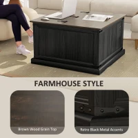 HOMCOM Lift Top Coffee Table with Charging Station, Square Farmhouse Center Table with Hidden Storage, Black Wood Grain(m-6)