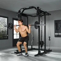 Soozier Multi-Functional Power Rack, Smith Machine Cable Crossover System with Pull Up Bar, Lat-Pull Down System, Landmine(m-8)