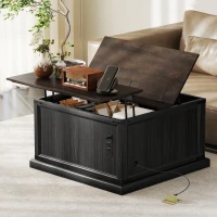 HOMCOM Lift Top Coffee Table with Charging Station, Square Farmhouse Center Table with Hidden Storage, Black Wood Grain(m-8)