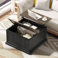 HOMCOM Lift Top Coffee Table with Charging Station, Square Farmhouse Center Table with Hidden Storage, Black Wood Grain(m-10)