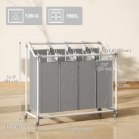 HOMCOM Laundry Hamper with Wheels, 160L Laundry Basket with 4 Removable Bags for Bedroom, Bathroom, Grey(m-3)