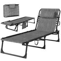 Outsunny Chaise Lounge Chair Outdoor, 5-Position Adjustable Sun Tanning Chair with Carrying Handle and Side Pocket, Folding Bed Cot with Removable Pillow for Garden, Beach, Patio, Pool, Camp, Gray(m-11)