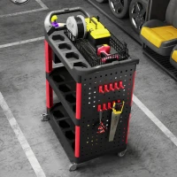 HOMCOM 3-Tier Rolling Tool Cart, 200 LBS Capacity Plastic Utility Cart with Side Shelf and Storage Bucket, Black & Red(m-9)