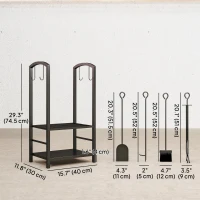 Outsunny 2-Tier Firewood Log Rack with 4 Tools, Fireplace Wood Storage Holder with Shovel, Broom, Poker, Tongs and Hooks, Black(m-3)